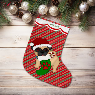 Calcetín Navideño Grande Patrón de cachorro Pug personalizado