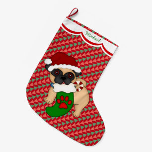 Calcetín Navideño Grande Patrón de cachorros de pug personalizado