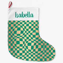 Calcetín Navideño Grande Patrón de cheques de oro y verde moderno