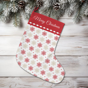 Calcetín Navideño Grande Patrón de copo de nieve dorado rojo