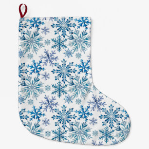 Calcetín Navideño Grande Patrón de copos de nieve en acuarela