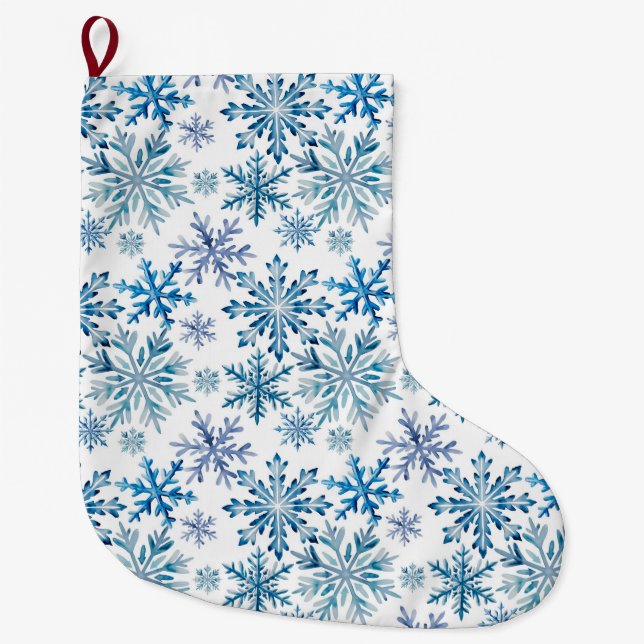 Calcetín Navideño Grande Patrón de copos de nieve en acuarela (Anverso)