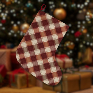 Calcetín Navideño Grande Patrón de Cuadro Cremoso Rústico Naranja Rojo Oxid