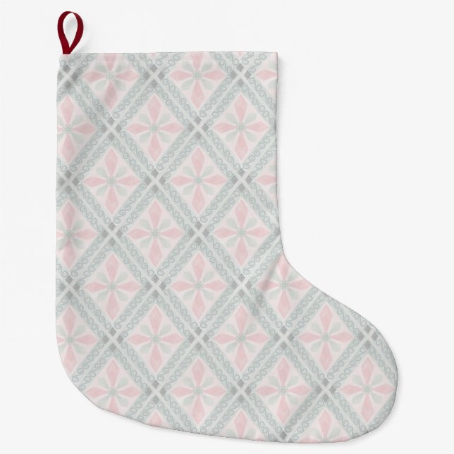 Calcetín Navideño Grande Patrón de diamantes pastel verde y rosa (Anverso)