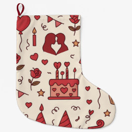Calcetín Navideño Grande Patrón de Doodle de Celebración Romántica