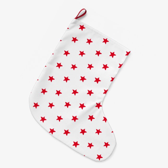 Calcetín Navideño Grande Patrón de estrellas rojas y blancas (Frente (Colgado))
