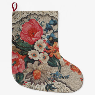 Calcetín Navideño Grande Patrón de flor blanca de naranja rojo vintage