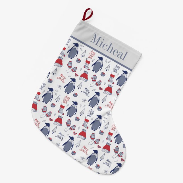 Calcetín Navideño Grande Patrón de guantes de Gorras de pingüinos navidades (Frente (Colgado))