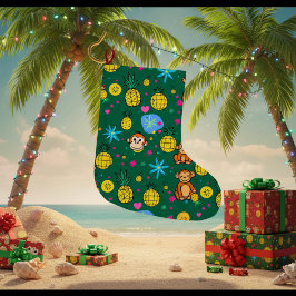 Calcetín Navideño Grande Patrón de Monos Traviesos