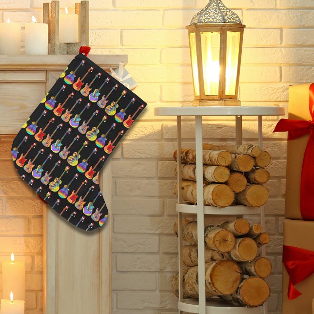 Calcetín Navideño Grande Patrón de música acústica eléctrica de los Guitars (Christmas guitar pattern colorful guitars wearing santa hats music themed Christmas stocking)