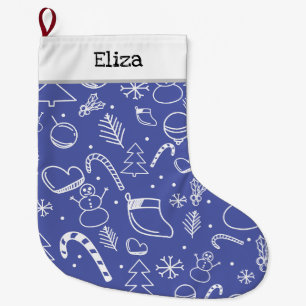Calcetín Navideño Grande Patrón de Navidades de Doodle Azul - Diversión y F