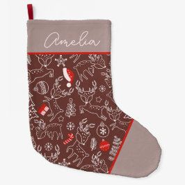 Calcetín Navideño Grande Patrón de reno de Navidad lindo personalizado