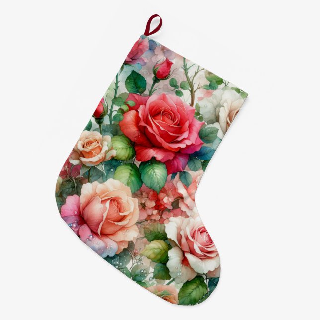 Calcetín Navideño Grande Patrón de Rosa Caprichoso (Frente (Colgado))
