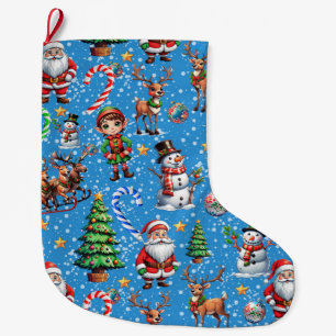 Calcetín Navideño Grande Patrón decorativo de Navidad con fondo azul