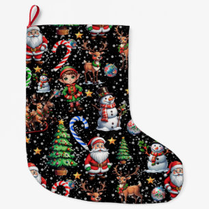 Calcetín Navideño Grande Patrón decorativo de Navidad con fondo negro