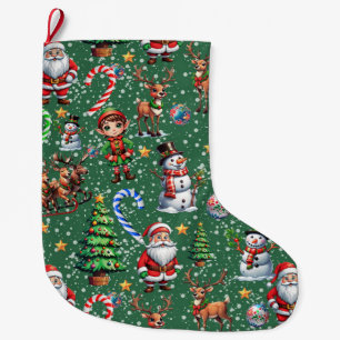 Calcetín Navideño Grande Patrón decorativo de Navidad con fondo verde