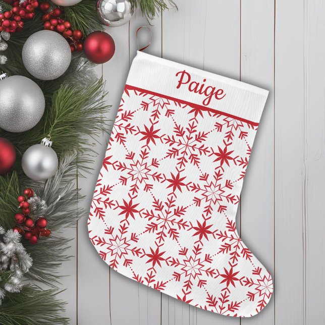 Calcetín Navideño Grande Patrón escandinavo tradicional rojo y blanco (Traditional Red & White Scandinavian Pattern Large Christmas Stocking)