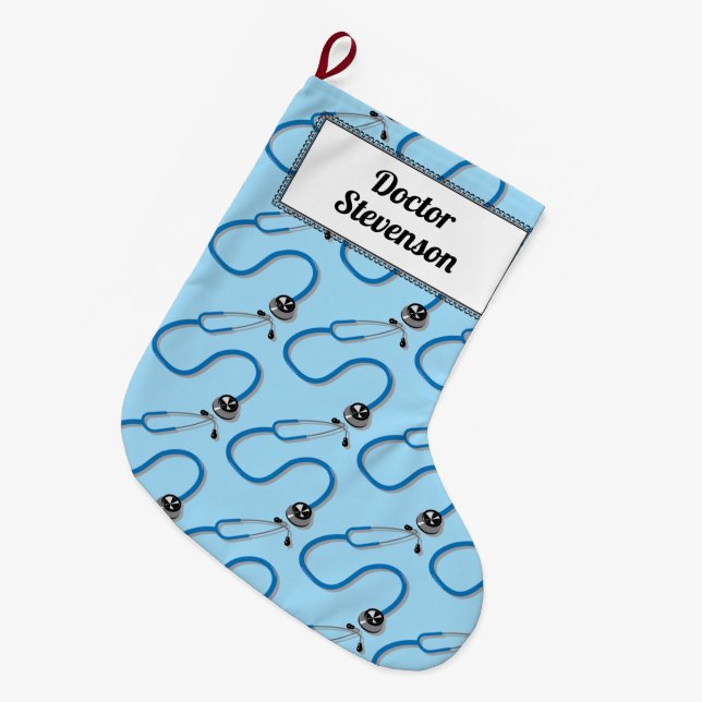 Calcetín Navideño Grande Patrón estetioscopio médica azul personalizable (Frente (Colgado))