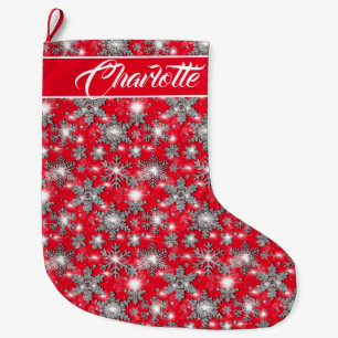 Calcetín Navideño Grande Patrón festivo de copos de nieve plateados brillan