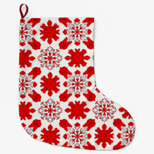 Calcetín Navideño Grande Patrón festivo de copos de nieve rojos y blancos