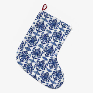 Calcetín Navideño Grande Patrón floral barroco de lujo azul real y blanco