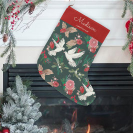 Calcetín Navideño Grande Patrón floral de pájaros verdes y rojos botánicos