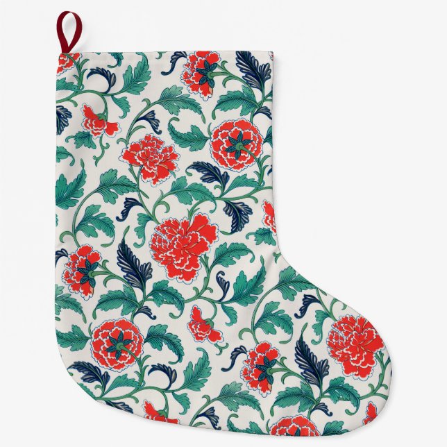 Calcetín Navideño Grande Patrón floral rojo y verde (Anverso)