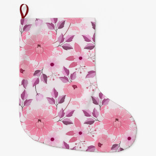 Calcetín Navideño Grande Patrón floral rosa con flores elegantes