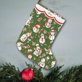 Calcetín Navideño Grande Patrón gracioso de hombre de nieve en verde