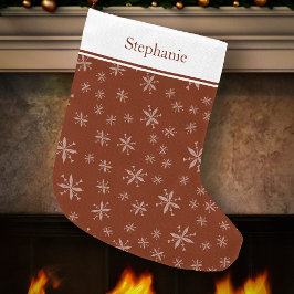 Calcetín Navideño Grande Patrón moderno de copo de nieve Monogramado Rojo