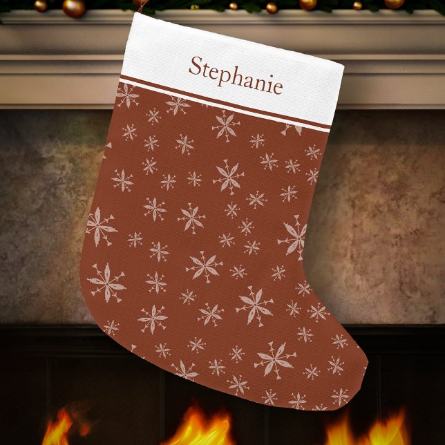 Calcetín Navideño Grande Patrón moderno de copo de nieve Monogramado Rojo (Subido por el creador)