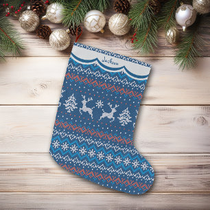 Calcetín Navideño Grande Patrón nórdico azul reno