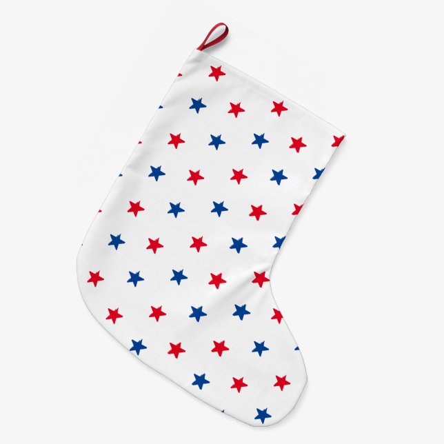 Calcetín Navideño Grande Patrón patriótico de estrellas blancas y azules (Frente (Colgado))