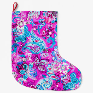 Calcetín Navideño Grande Patrones de flores rosadas azules