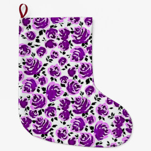 Calcetín Navideño Grande Patrones de rosas violetas y blancos