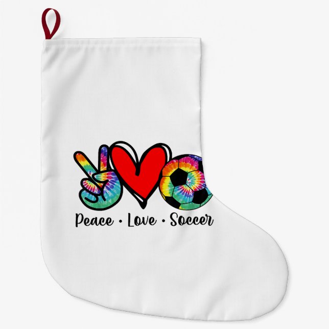 Calcetín Navideño Grande Peace Love Soccer Tie Dye Design Mujeres Jóvenes C (Anverso)