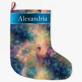 Calcetín Navideño Grande Peacock Bird Fethers Blue Gold Navidades Nombre