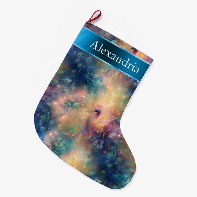 Calcetín Navideño Grande Peacock Bird Fethers Blue Gold Navidades Nombre (Frente (Colgado))