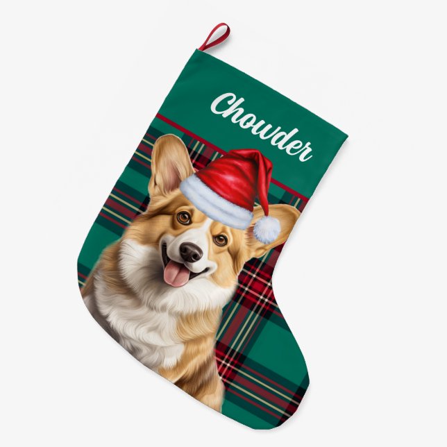 Calcetín Navideño Grande Pembroke Welsh Corgi Green Plaid and Dogs Name (Frente (Colgado))