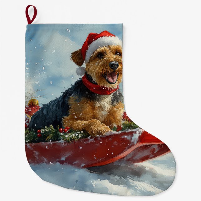 Calcetín Navideño Grande Perro Airedale en escurrimiento deja que nieve Nav (Anverso)