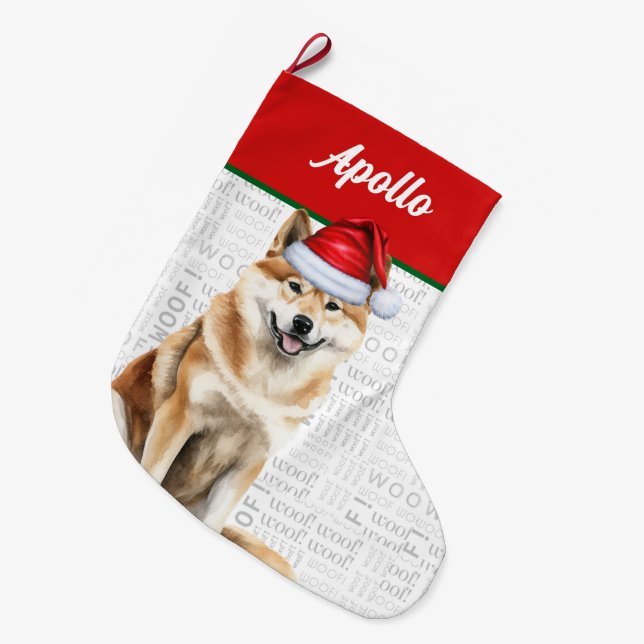 Calcetín Navideño Grande Perro Akita con nombre Woof Background (Frente (Colgado))
