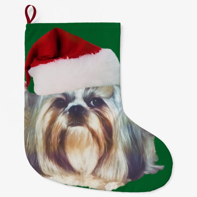 Calcetín Navideño Grande Perro Brindle y blanco de Shih Tzu (Anverso)
