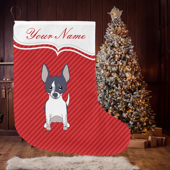 Calcetín Navideño Grande Perro Cartoon Sonriente Blanco y Negro Chihuahua (Black White Smiling Cartoon Chihuahua Dog Christmas Stocking)