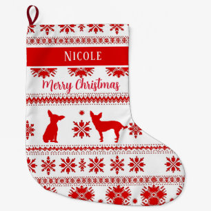 Calcetín Navideño Grande Perro Chihuahua Nórdico Rojo Navidad