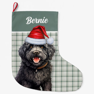 Calcetín Navideño Grande Perro de Barbet Green Plaid con nombre