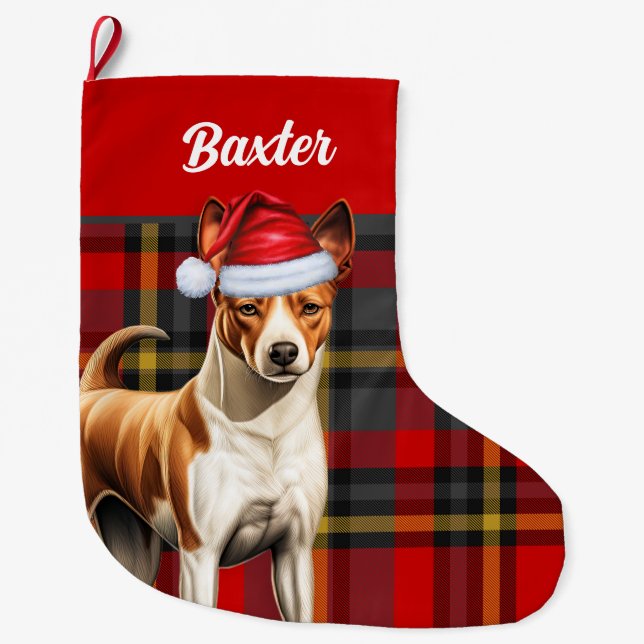 Calcetín Navideño Grande Perro de Basenji rojo y verde vestido con nombre (Anverso)