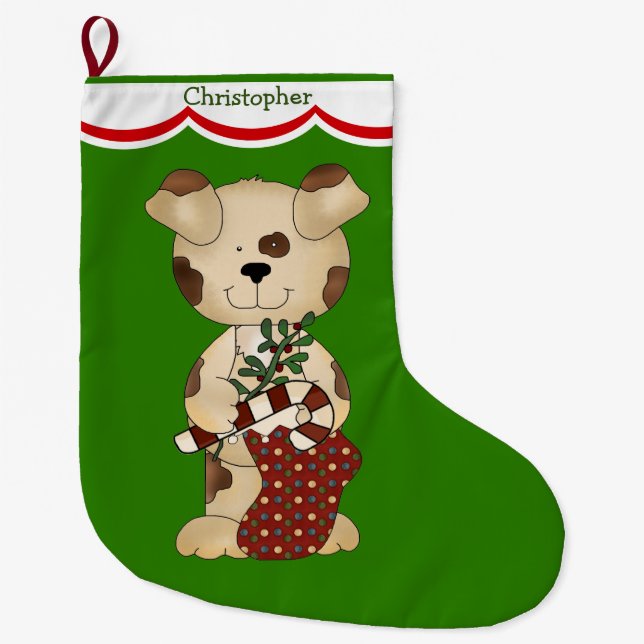 Calcetín Navideño Grande Perro de perrito manchado (Anverso)