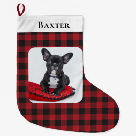 Calcetín Navideño Grande Perro fotográfico Mascota Rústico Rojo Negro revis