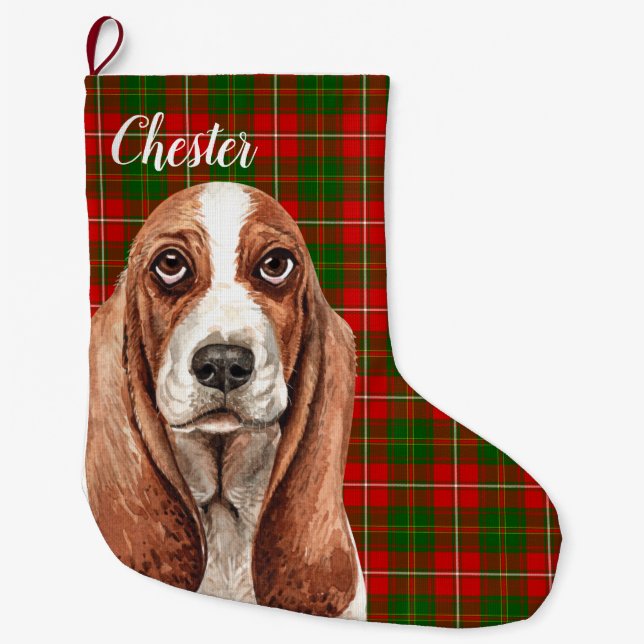 Calcetín Navideño Grande Perro heliano basset personalizado (Anverso)
