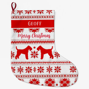 Calcetín Navideño Grande Perro Terrier Airedale Nórdico Rojo de Navidad